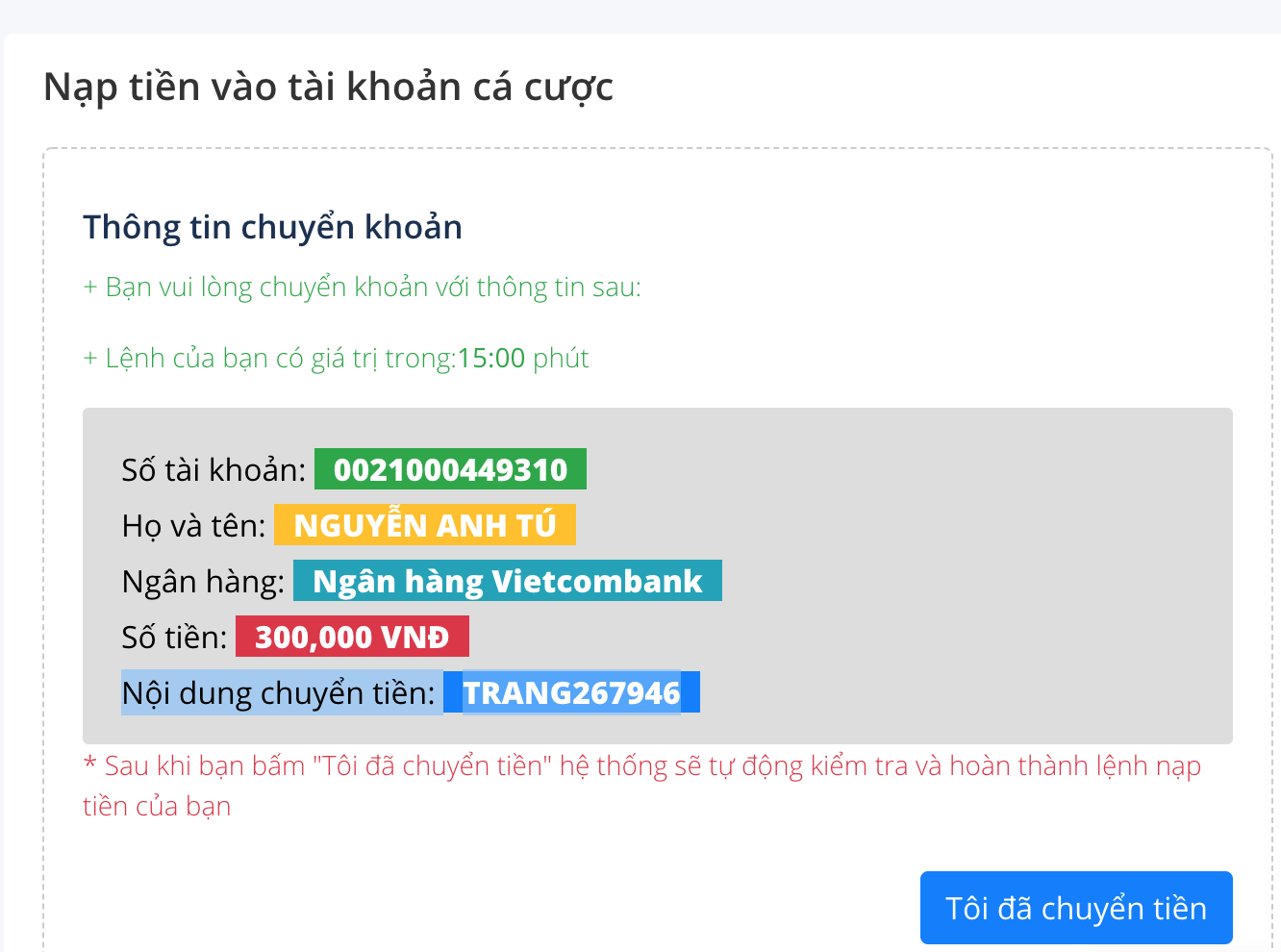 Hướng dẫn nạp tiền LD789, ONE789, VN789