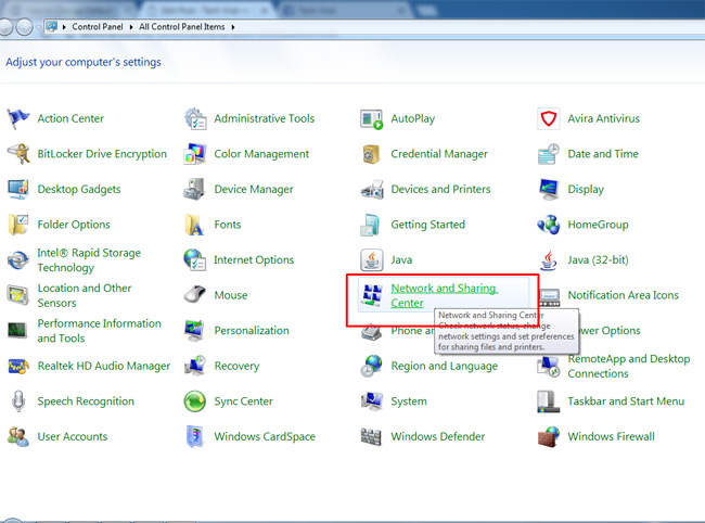 Control Pannel > Network and Sharing Cente